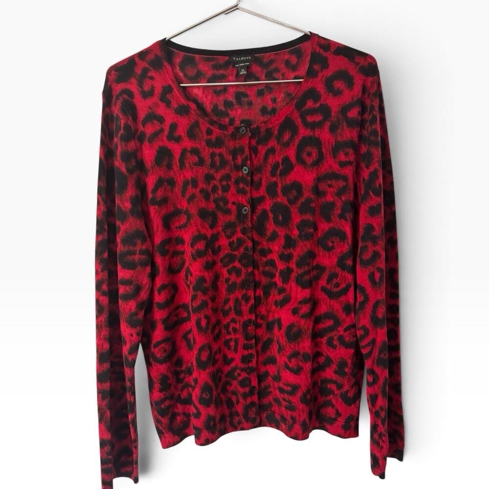 Talbots Merino Wool Red Animal Print Button Front Cardigan Sweater Size XL